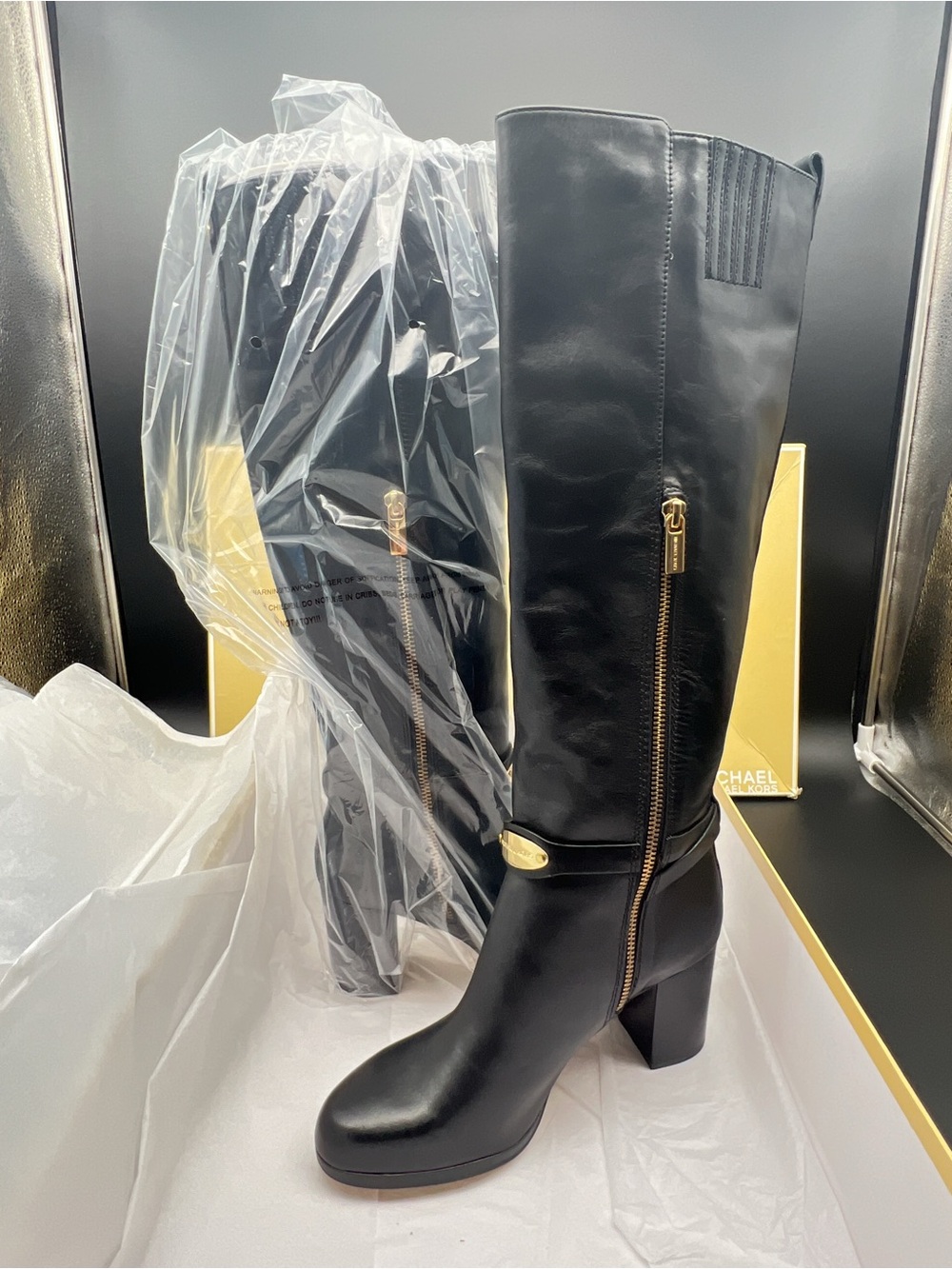 Michael Kors Black Leather Knee-High Boots with Gold Zip Accent size 8